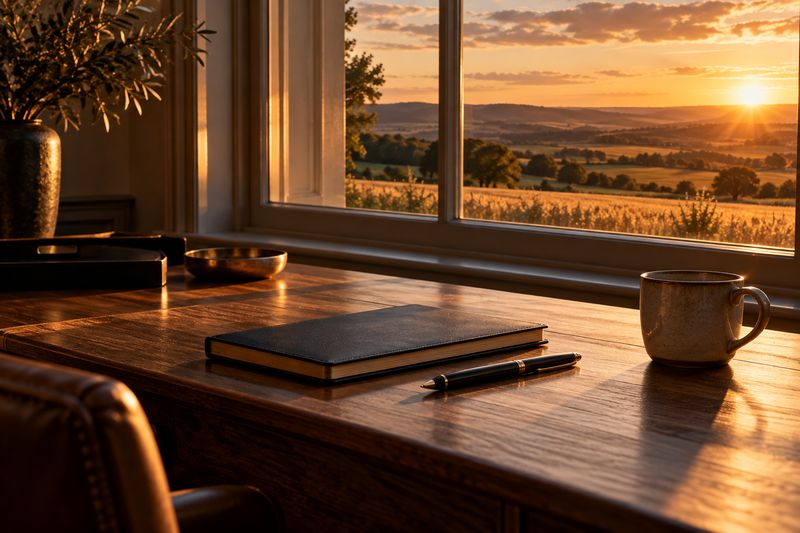 A quiet desk by a window at golden hour