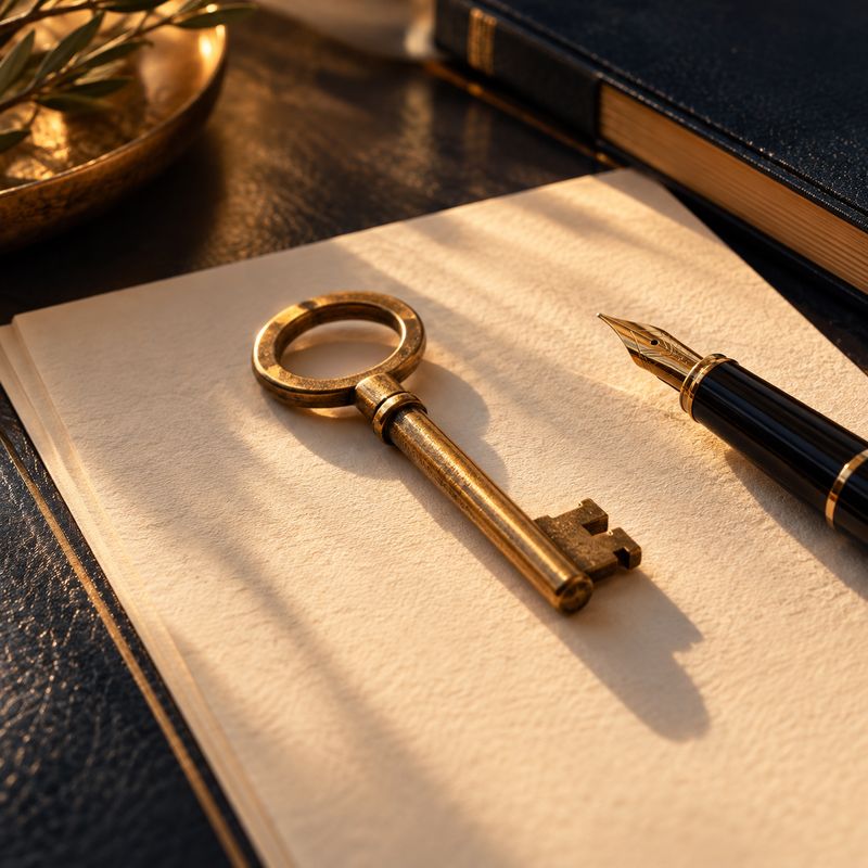 A brass key and fountain pen on cream paper
